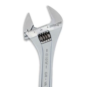 Metal adjustable crescent wrench with a movable jaw and measurement scale.