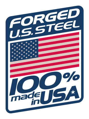 A badge-style graphic featuring the American flag and bold text reading "FORGED U.S. STEEL" and "100% made in USA".