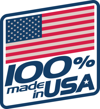 Graphic showing the United States flag and the bold “100% made in USA” text.