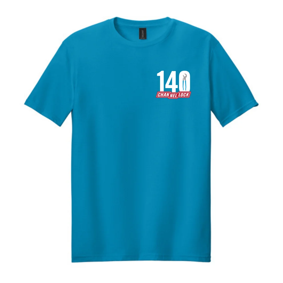 Blue short-sleeve T-shirt with a small CHANNELLOCK® logo and the number 140 on the chest.