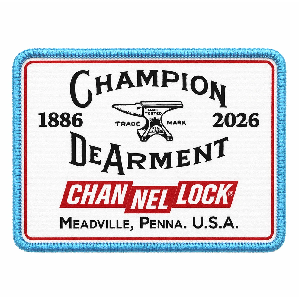 CHANNELLOCK® commemorative patch displaying the years 1886 and 2026, with a red CHANNELLOCK logo and “Meadville, Penna., U.S.A.”