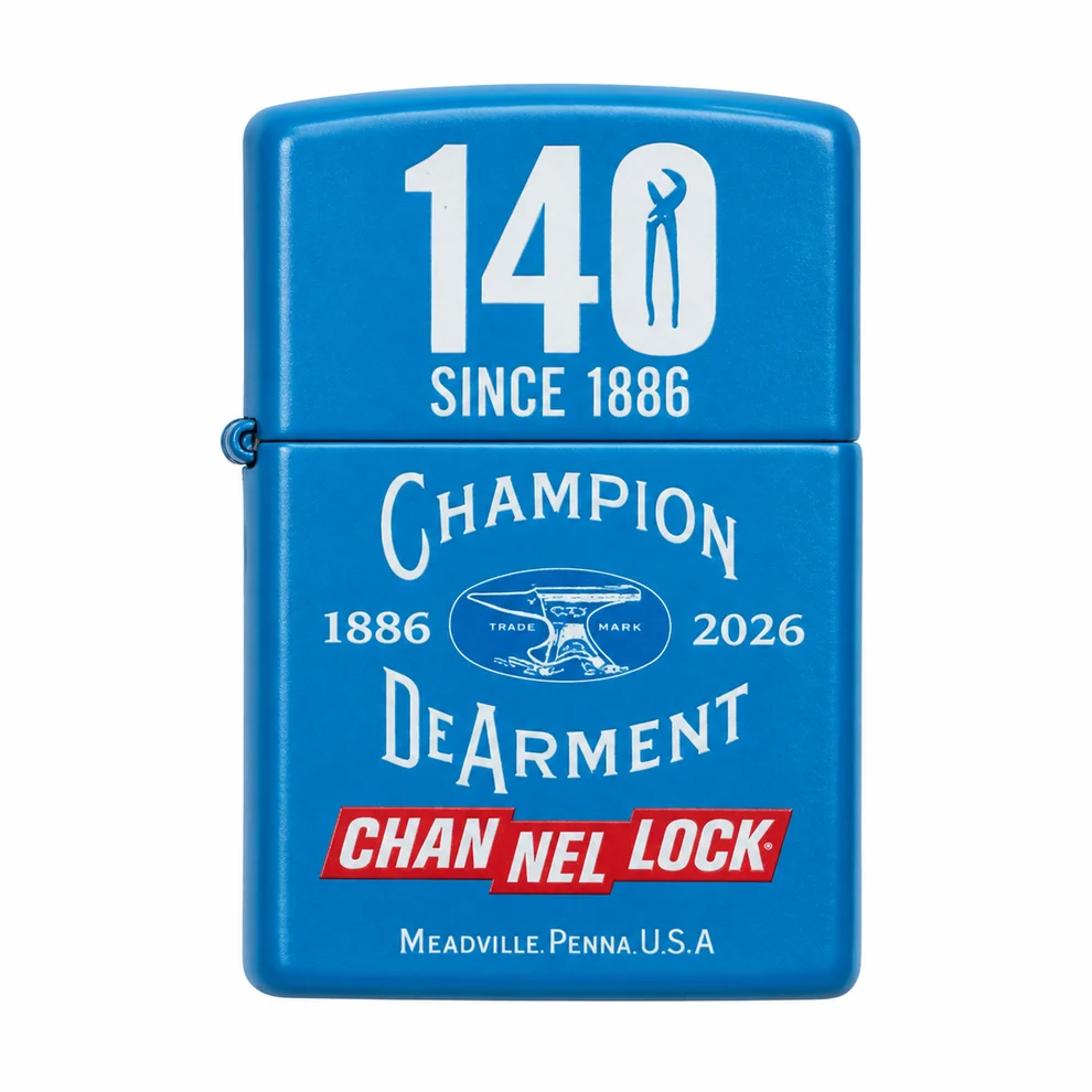 CHANNELLOCK® promotional lighter in blue featuring “140 SINCE 1886” and CHANNELLOCK® branding.