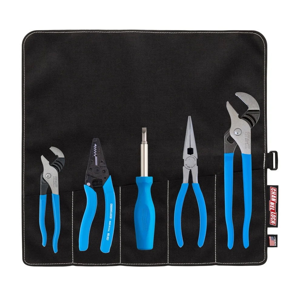 CHANNELLOCK® blue-handled hand tools arranged in a black roll-up pouch, including pliers, needle-nose pliers, a bit driver, long-nose pliers, and an adjustable wrench.